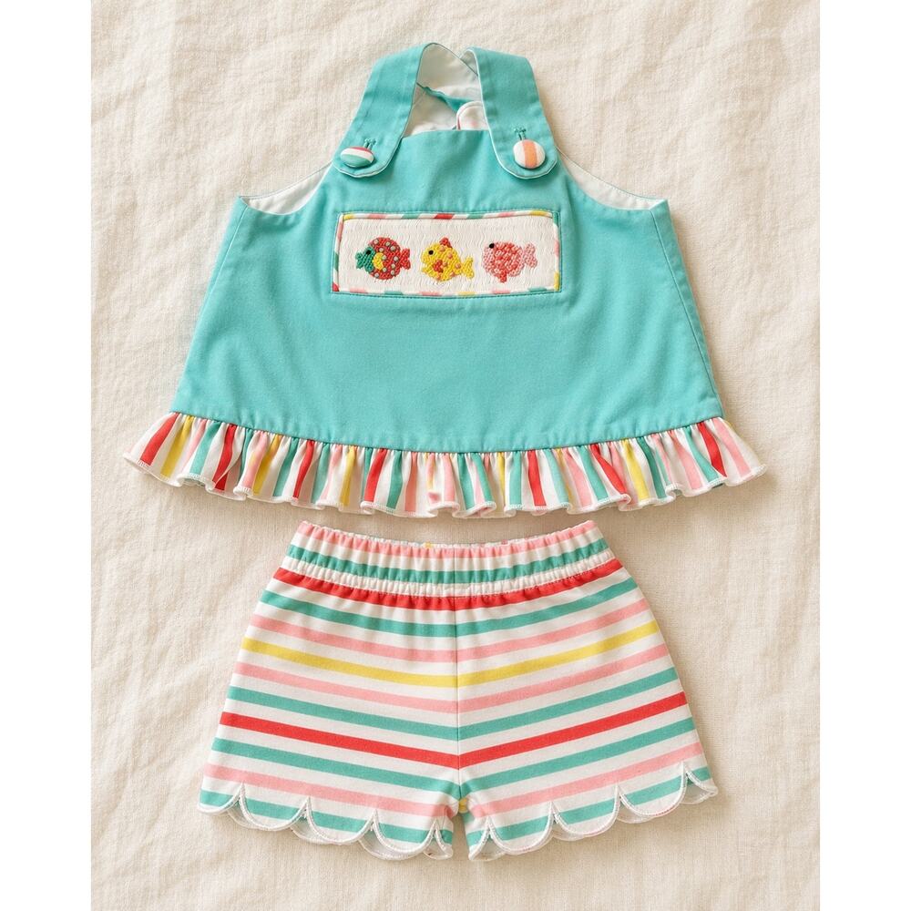 Busy Bee Smocks 6M Fish French Knot Halter Shorts Set